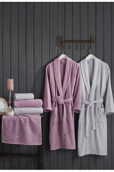 İlay Kadife Bornoz Seti -Gri&gülkurusu