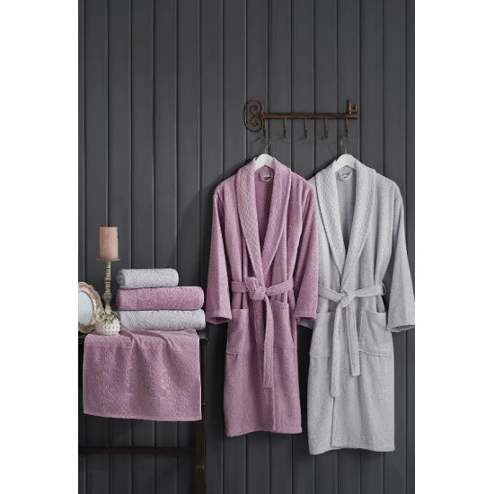 İlay Kadife Bornoz Seti -Gri&gülkurusu